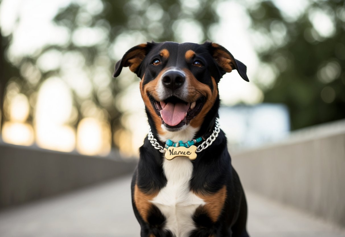 A happy dog wearing a custom necklace with their name and a unique design, proudly posing for the camera