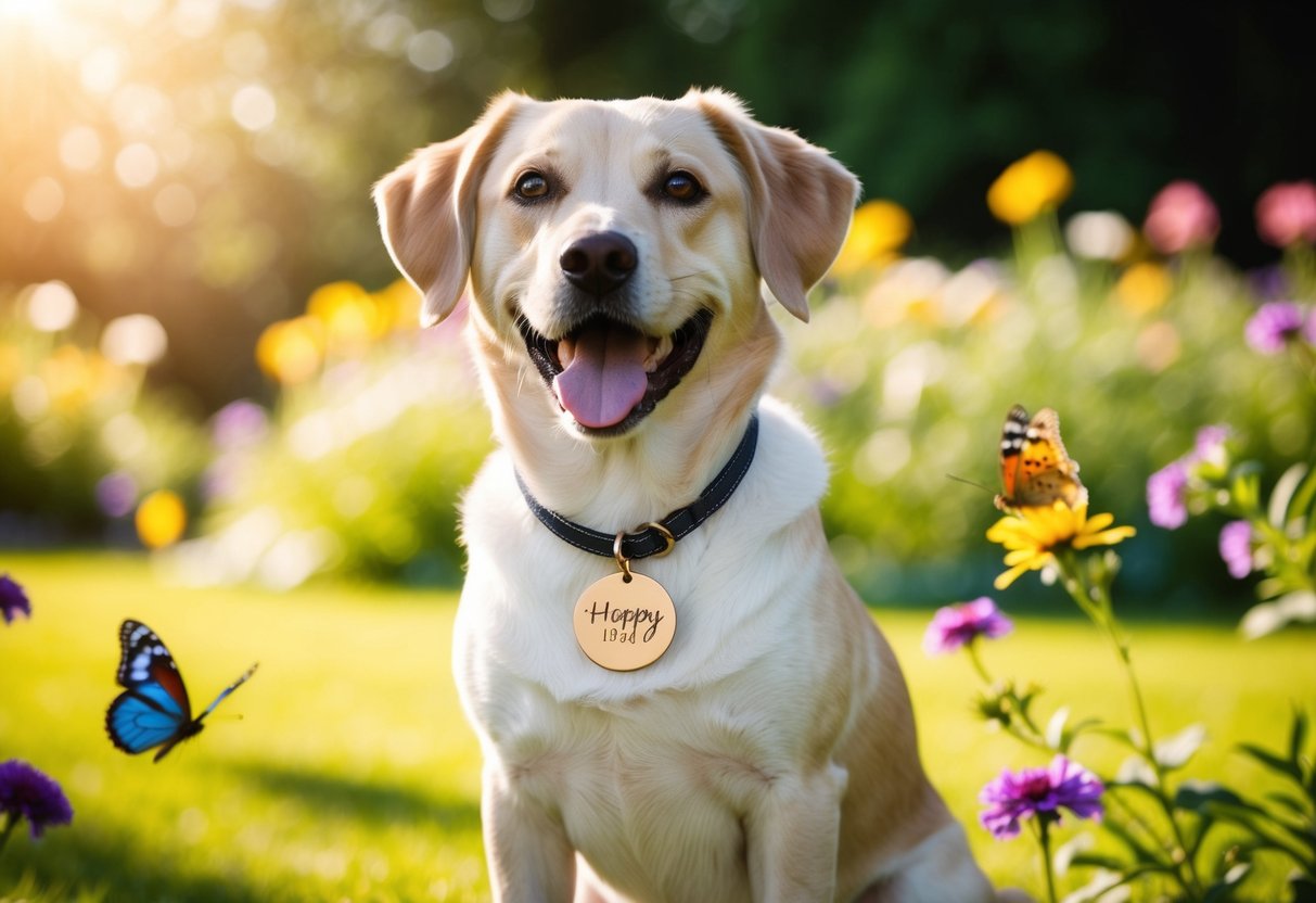 A happy dog wearing a personalized necklace, sitting in a sunlit garden with flowers and butterflies