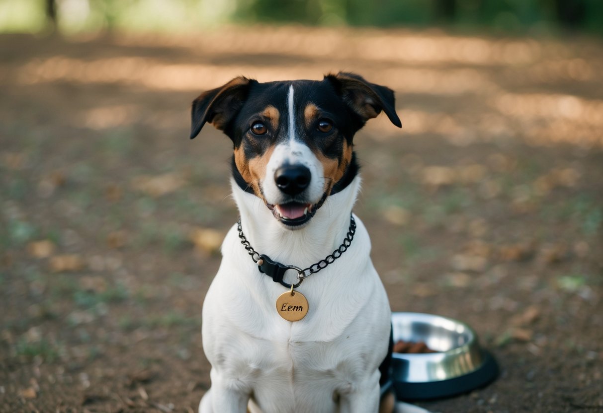 A dog wearing a custom necklace, with a sturdy clasp and personalized charm, sitting in front of a food bowl