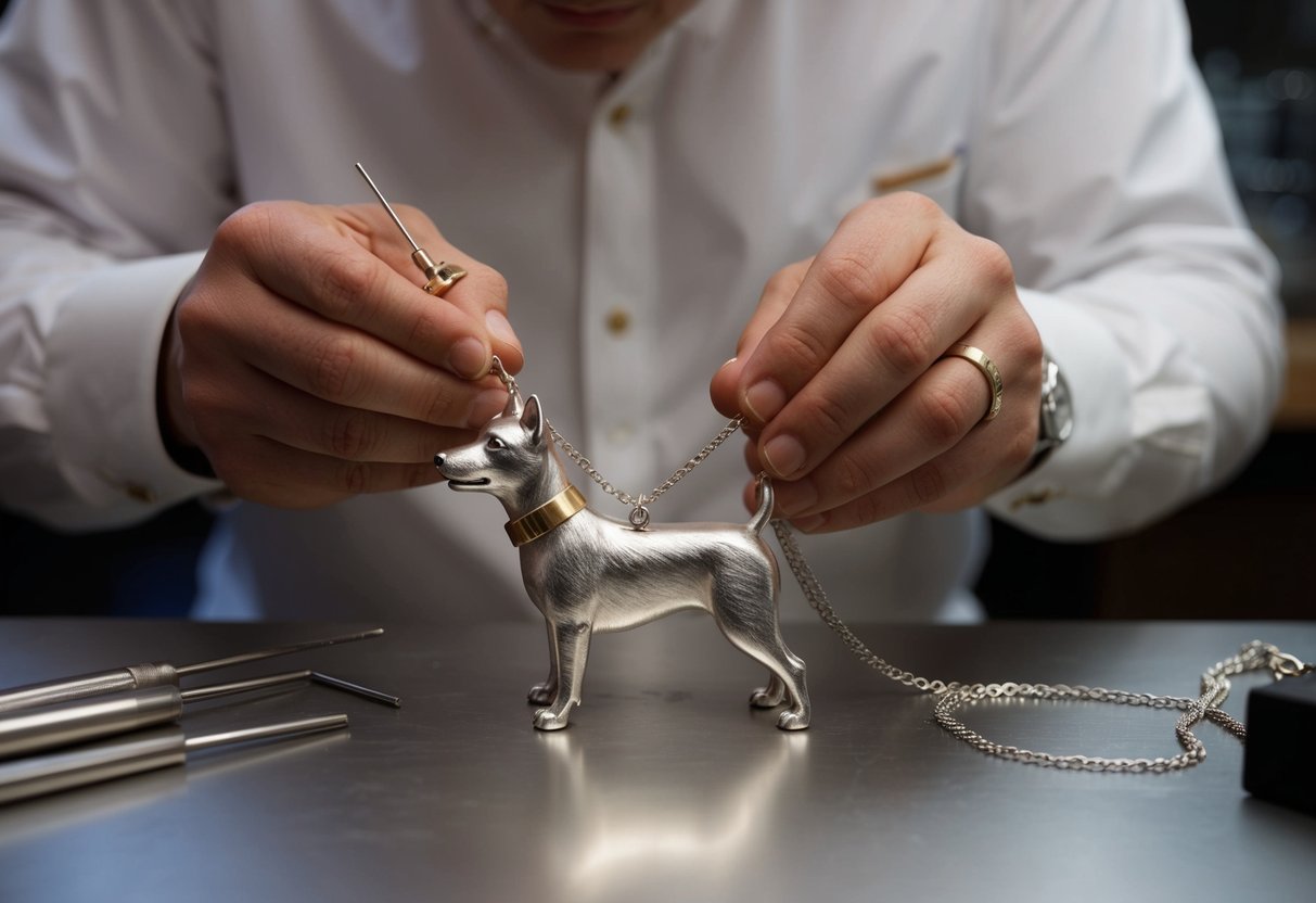 A jeweler carefully molds metal to craft a custom dog necklace