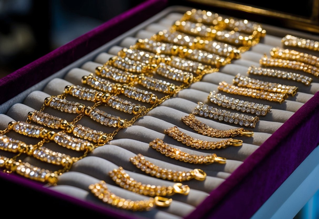 A sparkling display of gold-filled jewelry arranged on a velvet-lined tray. Shimmering necklaces, bracelets, and earrings catch the light, showcasing their intricate designs