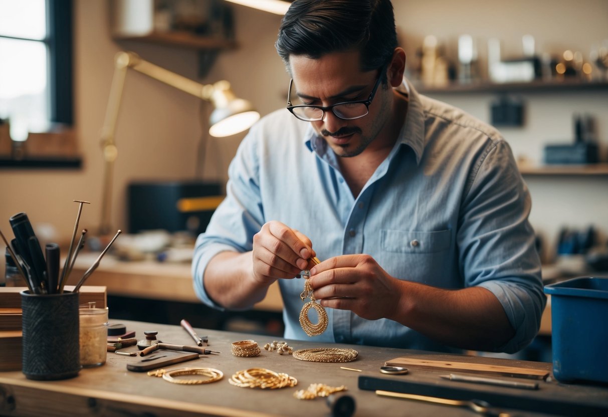 A jeweler carefully crafting intricate gold-filled jewelry at a workbench, surrounded by tools and materials