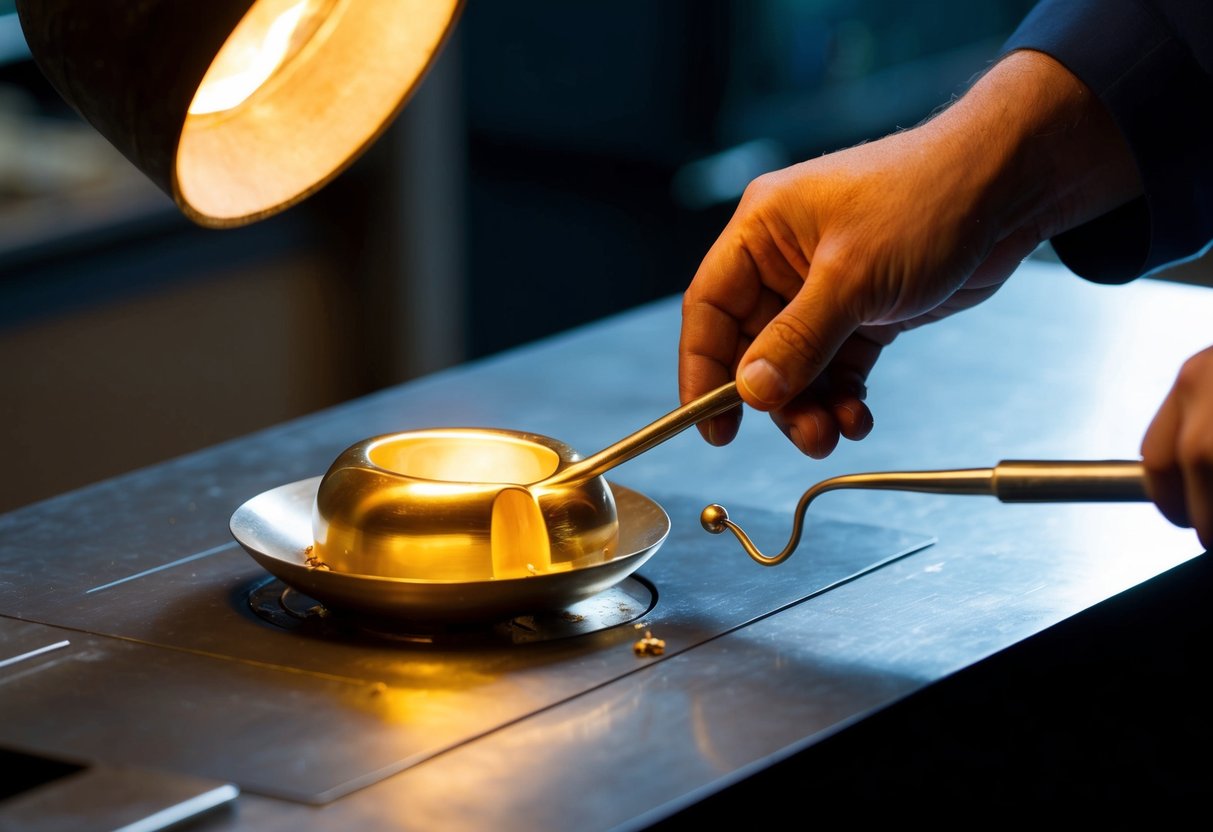 A jeweler carefully fills a mold with molten gold, creating a smooth, gleaming piece of jewelry. The warm glow of the metal contrasts with the cool, dark work surface