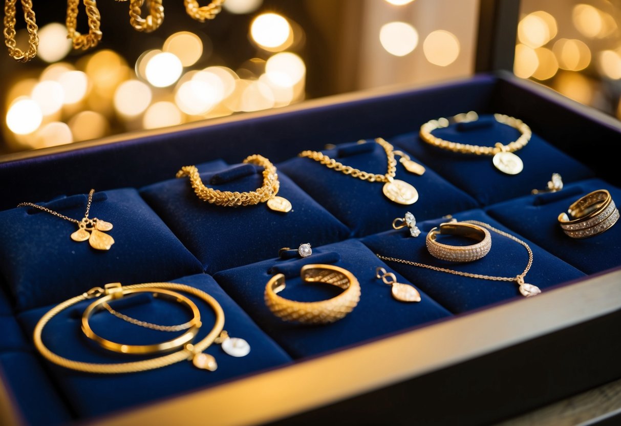 A display of gold filled jewelry including necklaces, bracelets, earrings, and rings arranged on a velvet-lined tray under soft, warm lighting