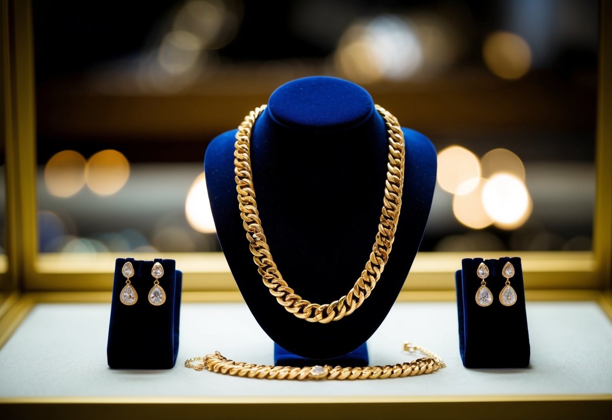 A gleaming gold filled necklace, bracelet, and earrings arranged on a velvet display stand