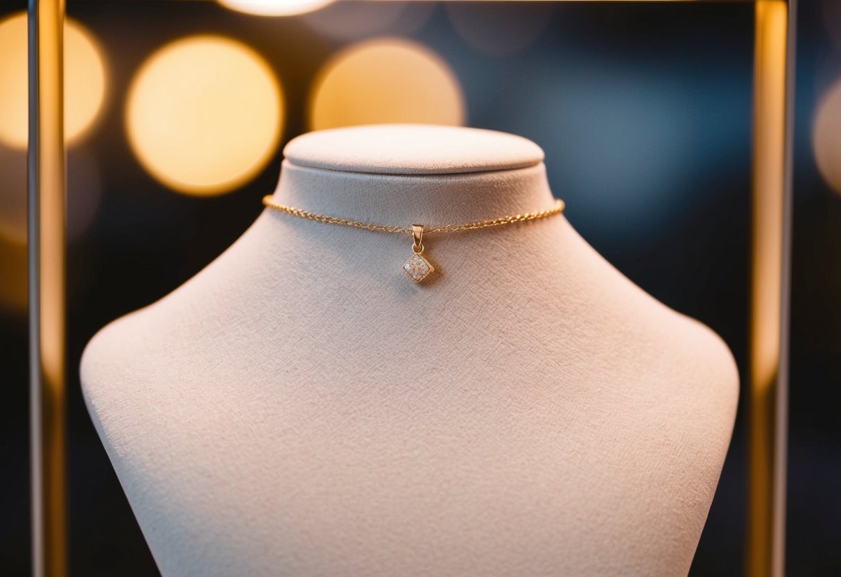 A delicate choker necklace adorned with a small charm, resting on a velvet display stand under soft, warm lighting