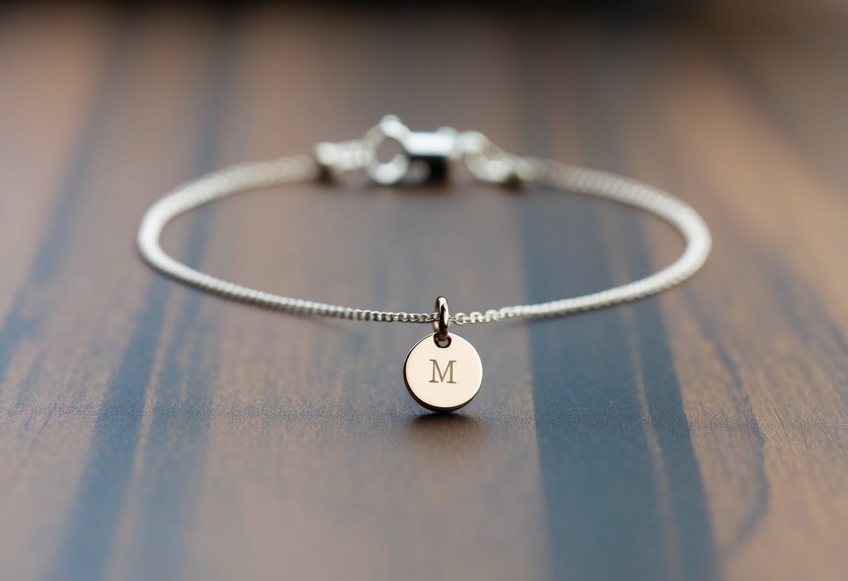 A delicate choker necklace with a small charm, featuring the recipient's name or initials engraved on a dainty pendant