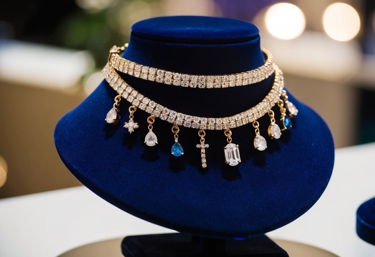 A sparkling choker necklace with customizable charms and gemstones, displayed on a velvet jewelry stand