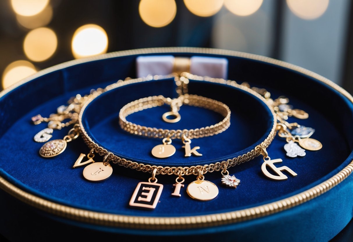 A collection of personalized choker necklaces displayed on a velvet-lined tray, each adorned with unique charms and initials