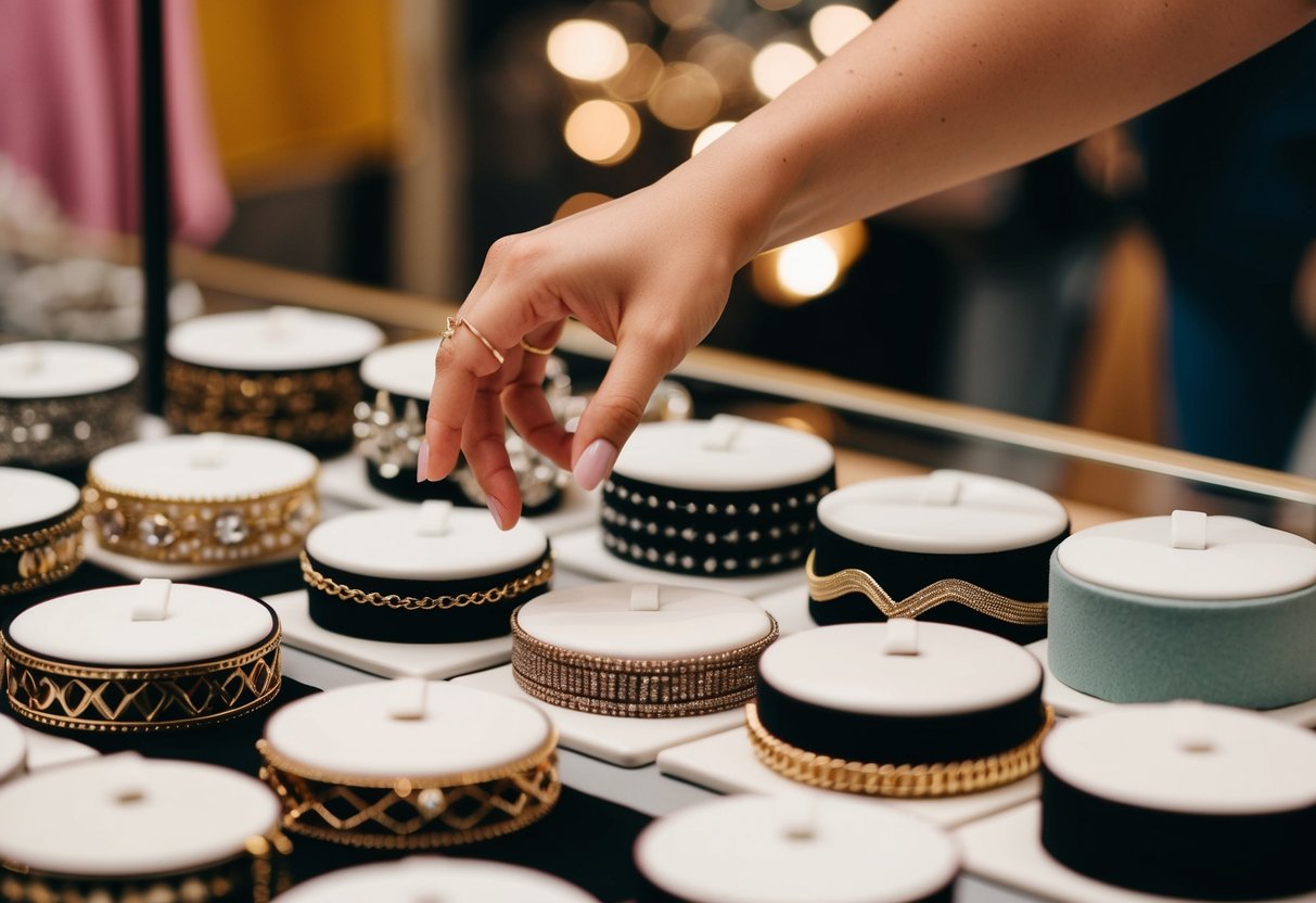 A hand reaching for a display of various choker necklaces, each with unique styles and designs