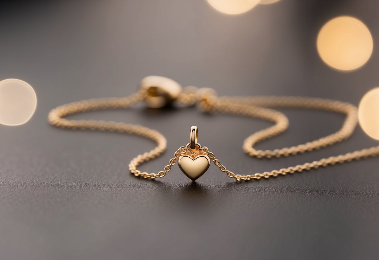 A delicate gold chain with a small pendant in the shape of a heart, symbolizing the love of a mother