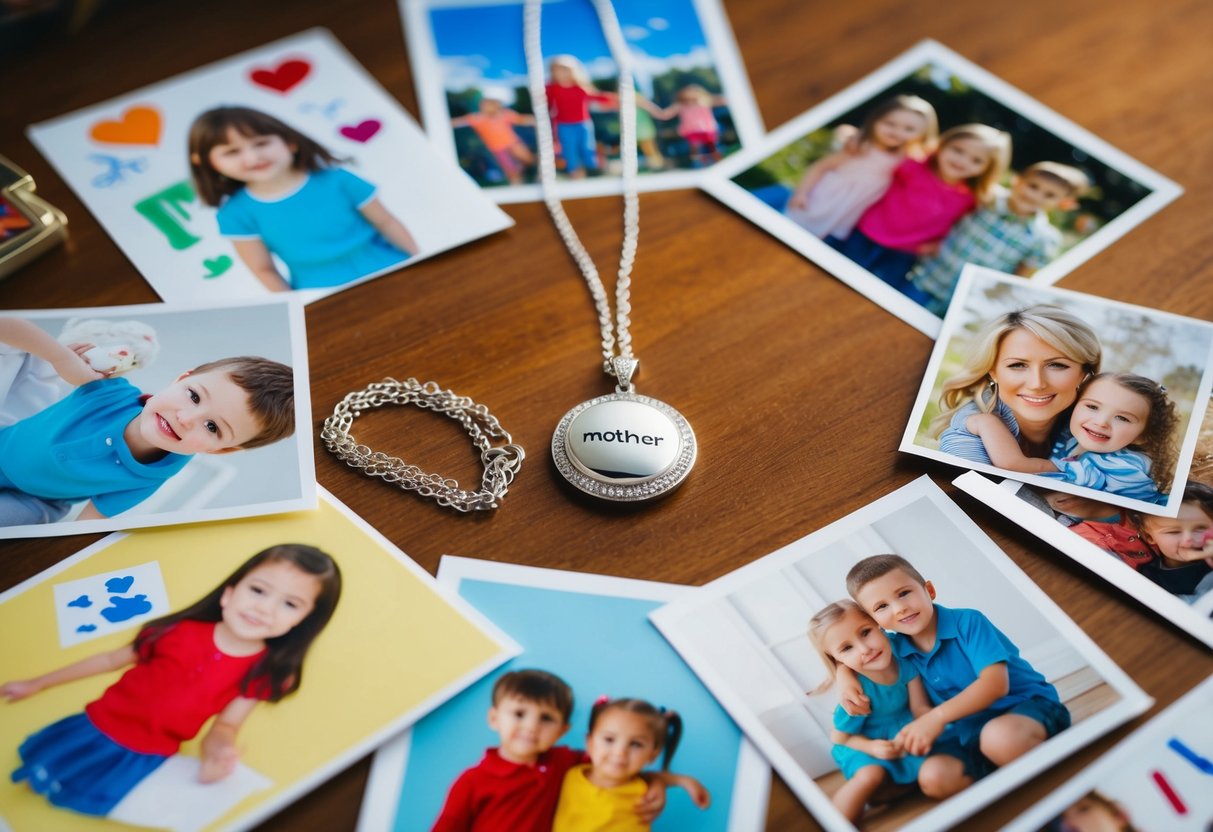 A mother's necklace surrounded by children's drawings and family photos