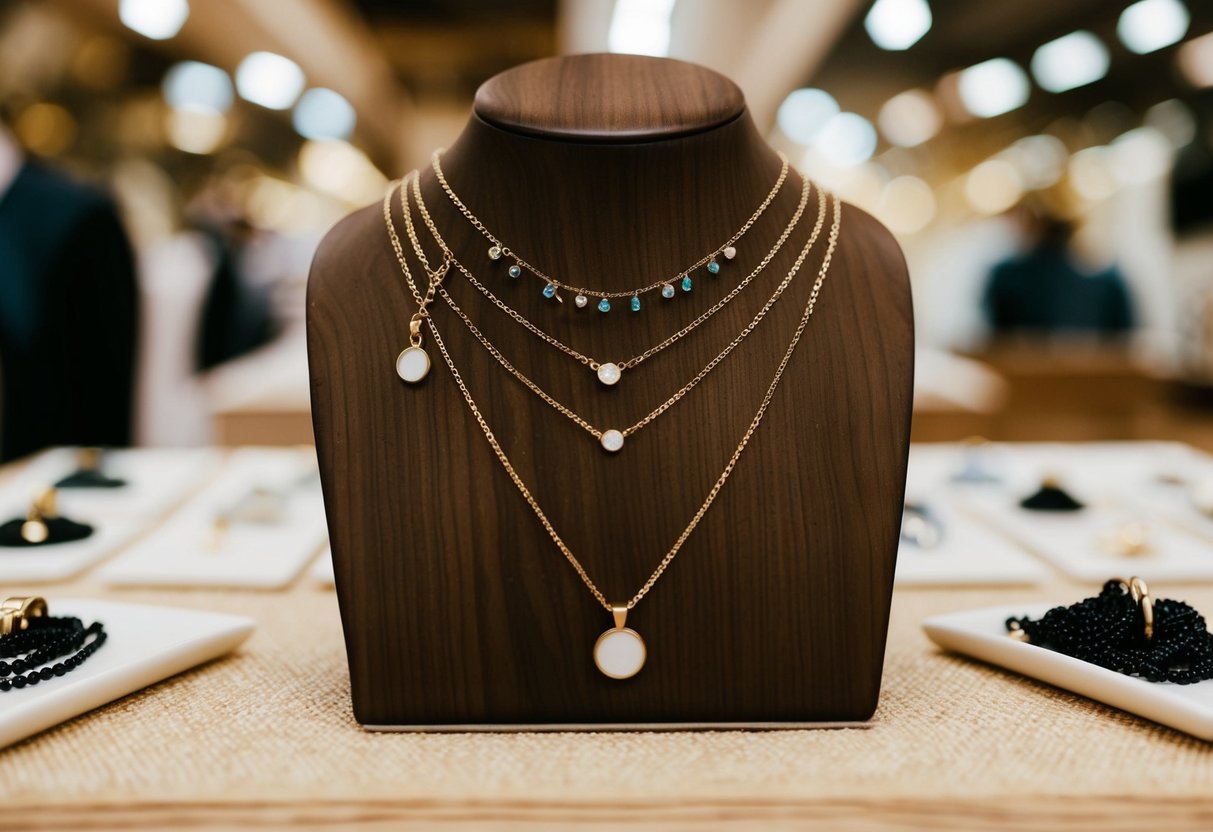 A collection of mama necklaces arranged on a wooden display stand, with delicate chains and pendants in various shapes and sizes