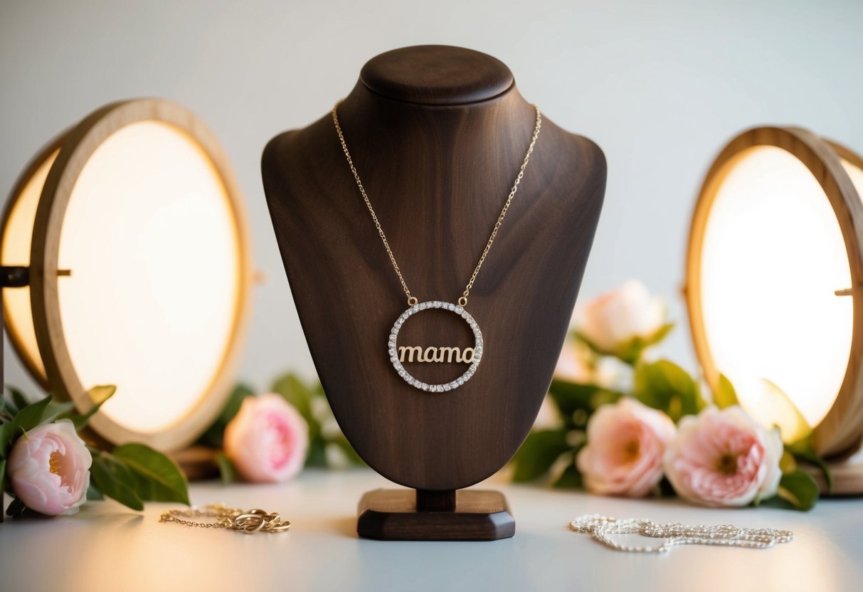 A delicate mama necklace hanging from a wooden jewelry stand, surrounded by soft lighting and floral accents