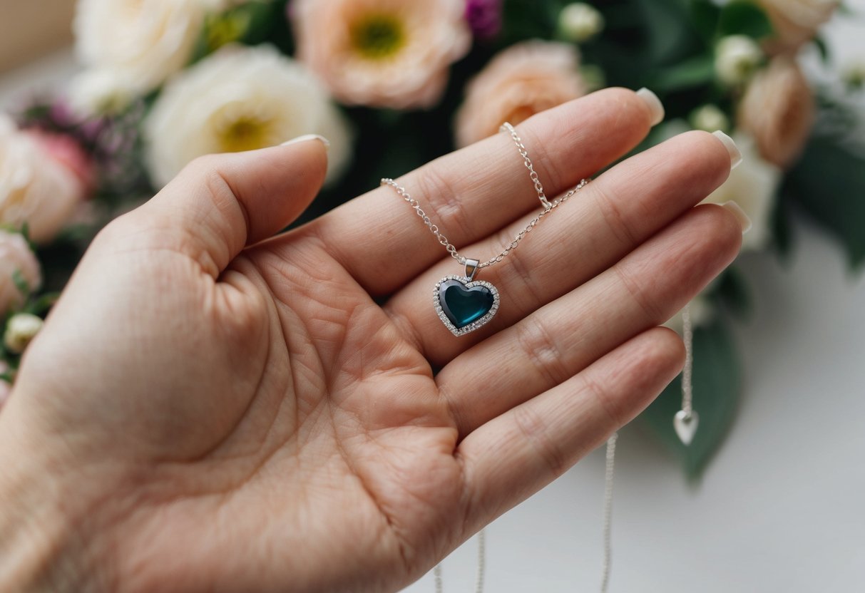 A mother's hand holding a delicate necklace with a heart-shaped pendant, surrounded by soft lighting and flowers