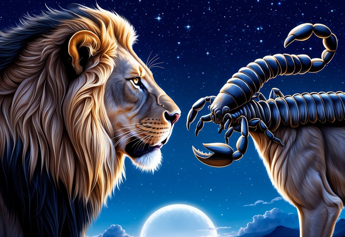 A majestic lion and a powerful scorpion face each other under a starry night sky, their eyes locked in a mix of intensity and curiosity