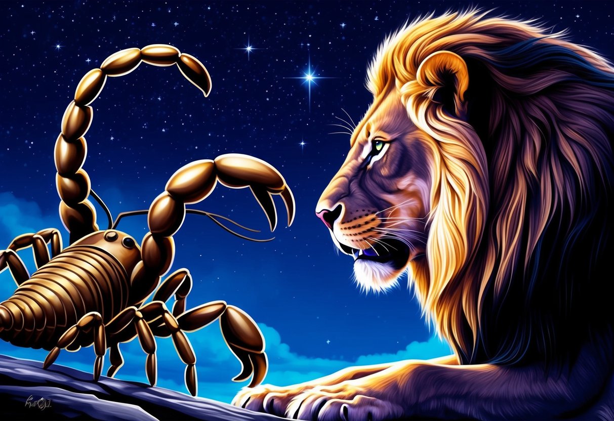 A majestic lion and a mysterious scorpion face each other under a starry night sky, their intense gazes locked in a dance of passion and power