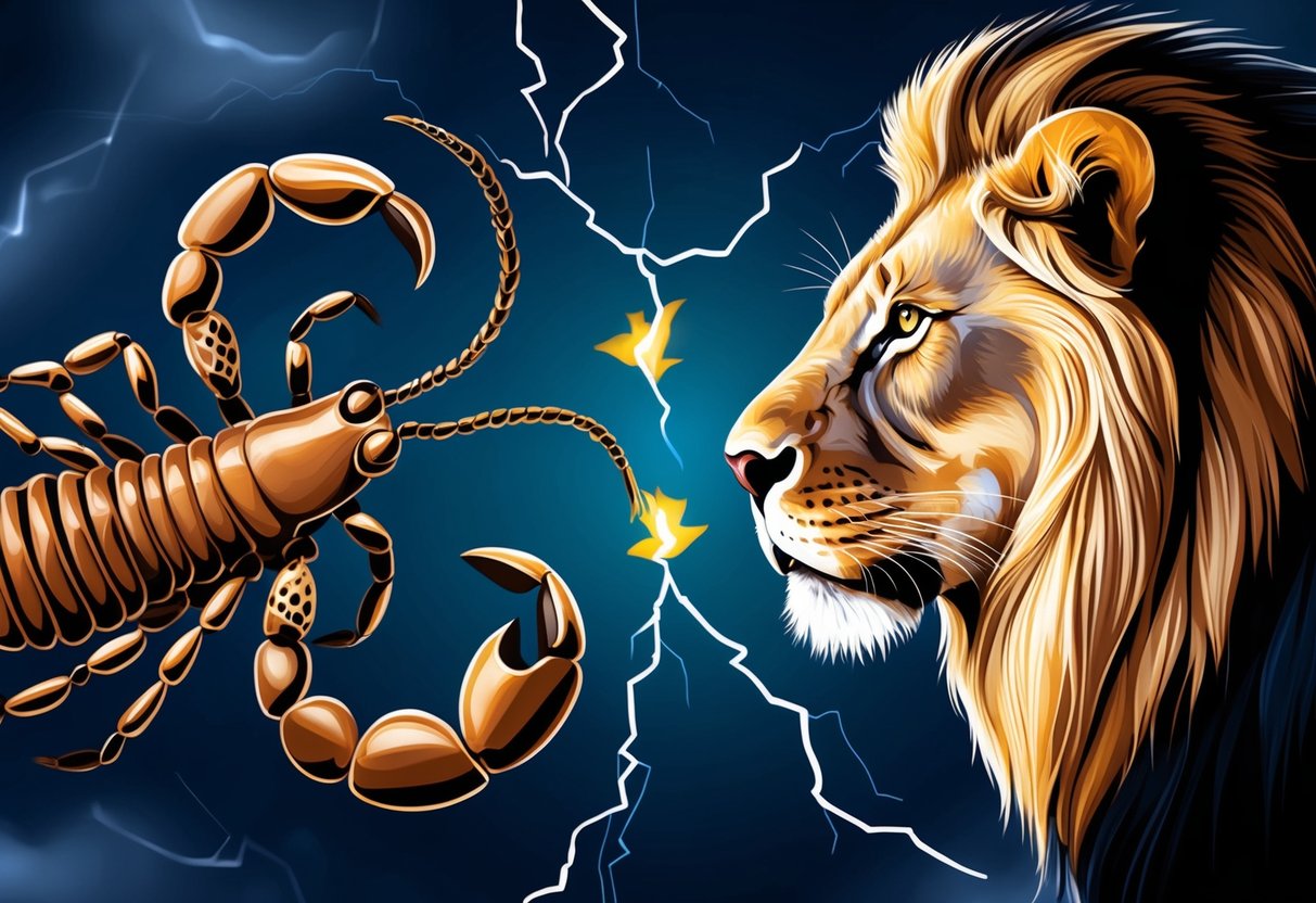 A scorpion and lion face each other, their intense gazes locked in a silent exchange. The air crackles with tension, as if awaiting a spark to ignite their fiery connection