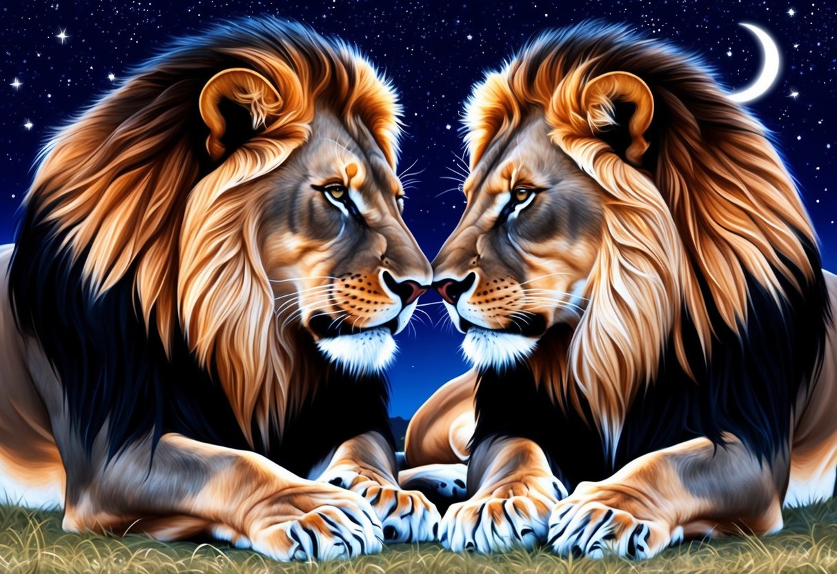 Two majestic lions nuzzling affectionately under a starry night sky