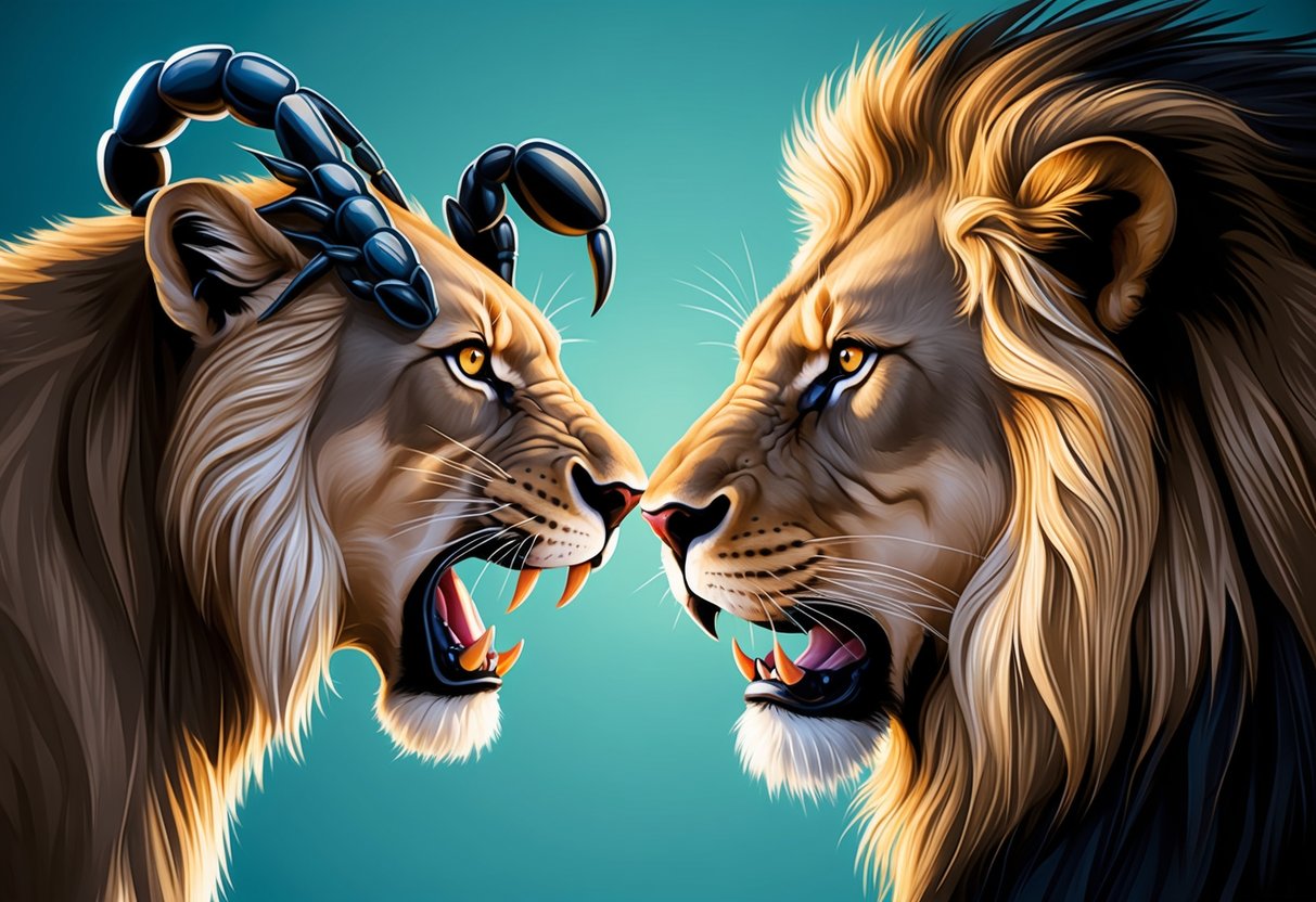 A lion and a scorpion face each other, their eyes locked in a fierce yet passionate gaze, symbolizing the clash and harmony of their values and goals in their relationship