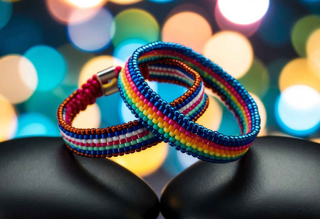 Two colorful, beaded bracelets intertwined, symbolizing friendship and unity