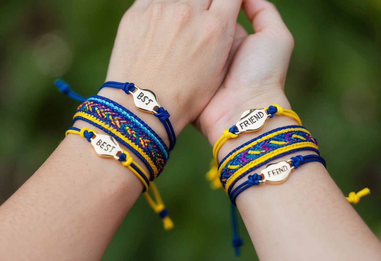 Two best friend bracelets intertwined with colorful threads, symbolizing a long history of friendship and loyalty