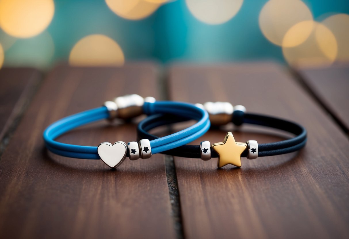 Two bracelets intertwined, one with a heart charm and the other with a star, symbolizing the unique bond between best friends