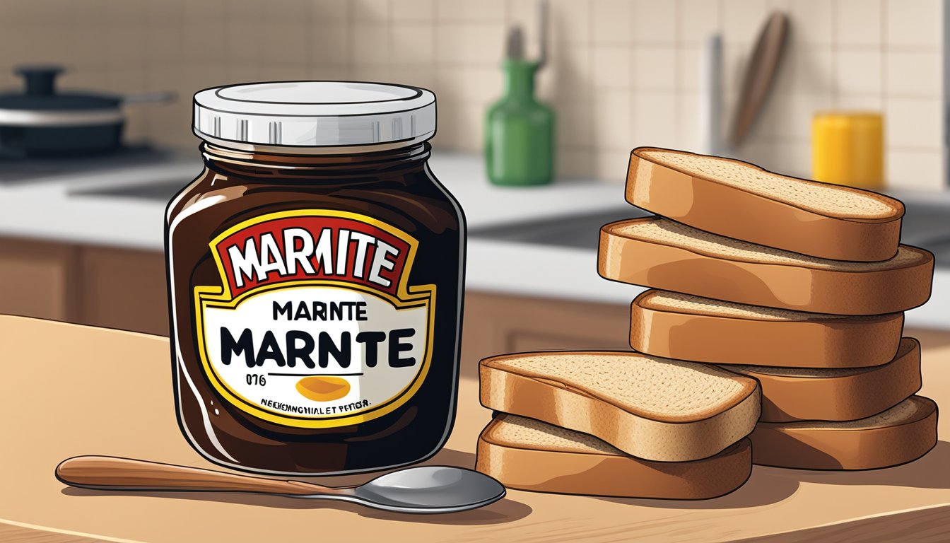 A jar of marmite sits on a kitchen counter, surrounded by slices of toast and a spoon. A nutrition label is visible on the jar