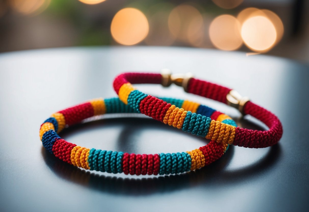 Two colorful bracelets with unique designs intertwined on a table