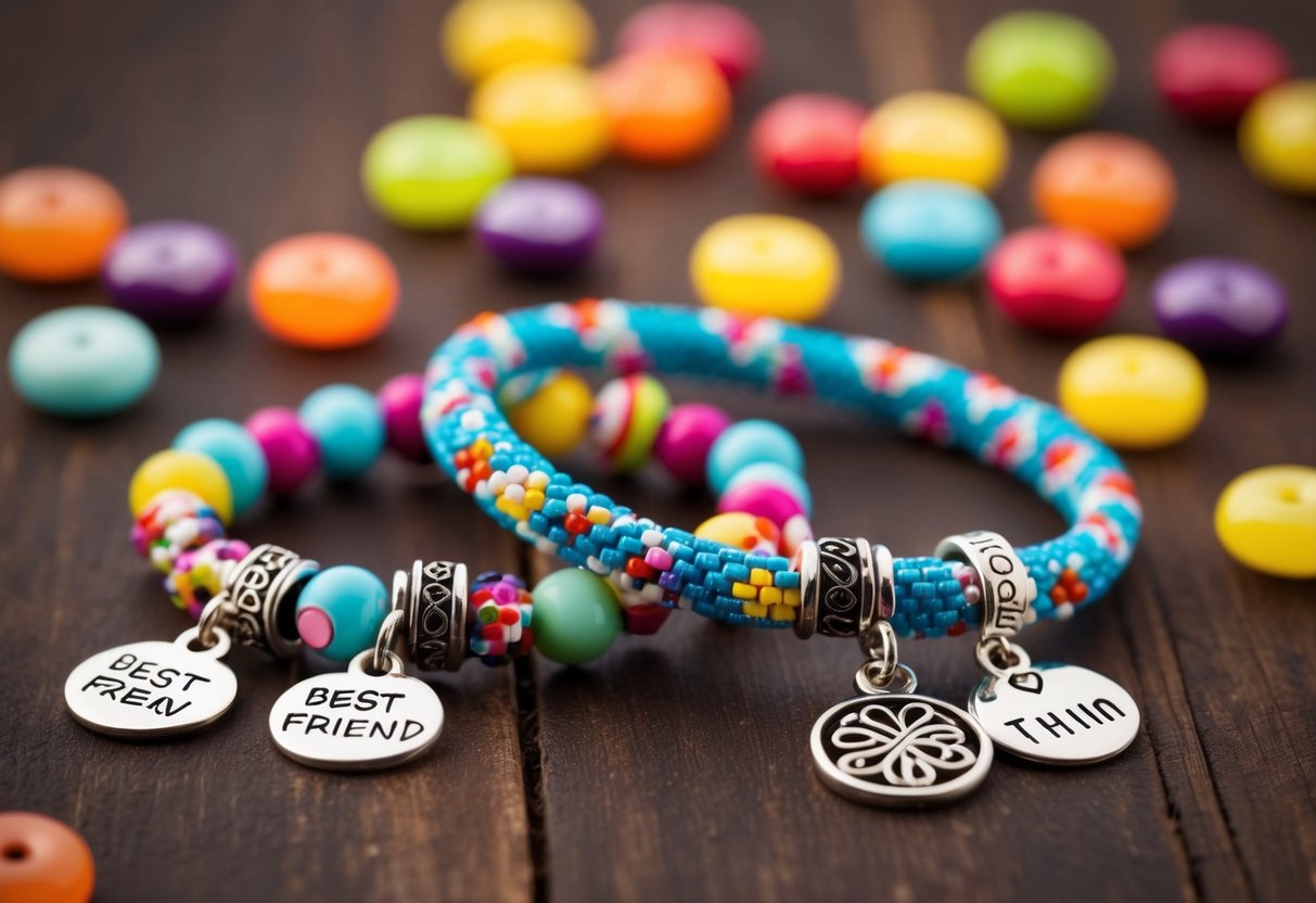 Two best friend bracelets intertwined with colorful beads and personalized charms