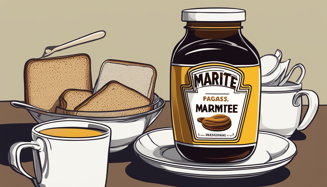 A jar of marmite sits on a kitchen table surrounded by toast, eggs, and a cup of tea. The label features bold, distinctive branding