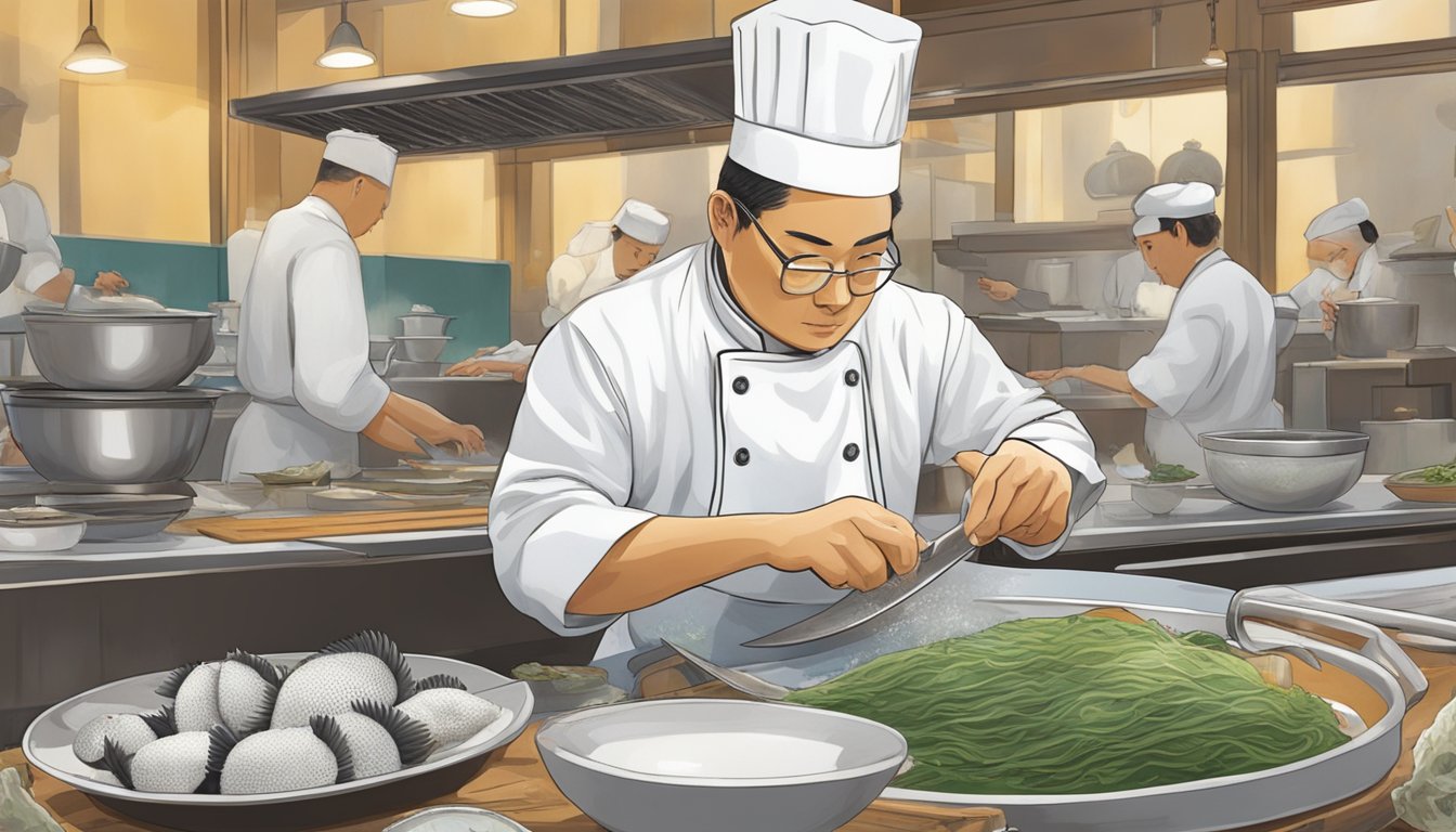 A chef carefully prepares fugu, slicing the delicate pufferfish with precision. Diners eagerly await the risky culinary adventure, ready to savor the exotic delicacy