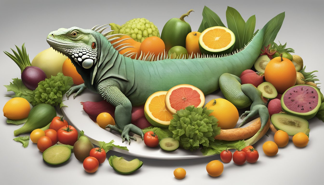 An iguana carcass surrounded by tropical fruits and vegetables, with a focus on the meat being prepared for a meal