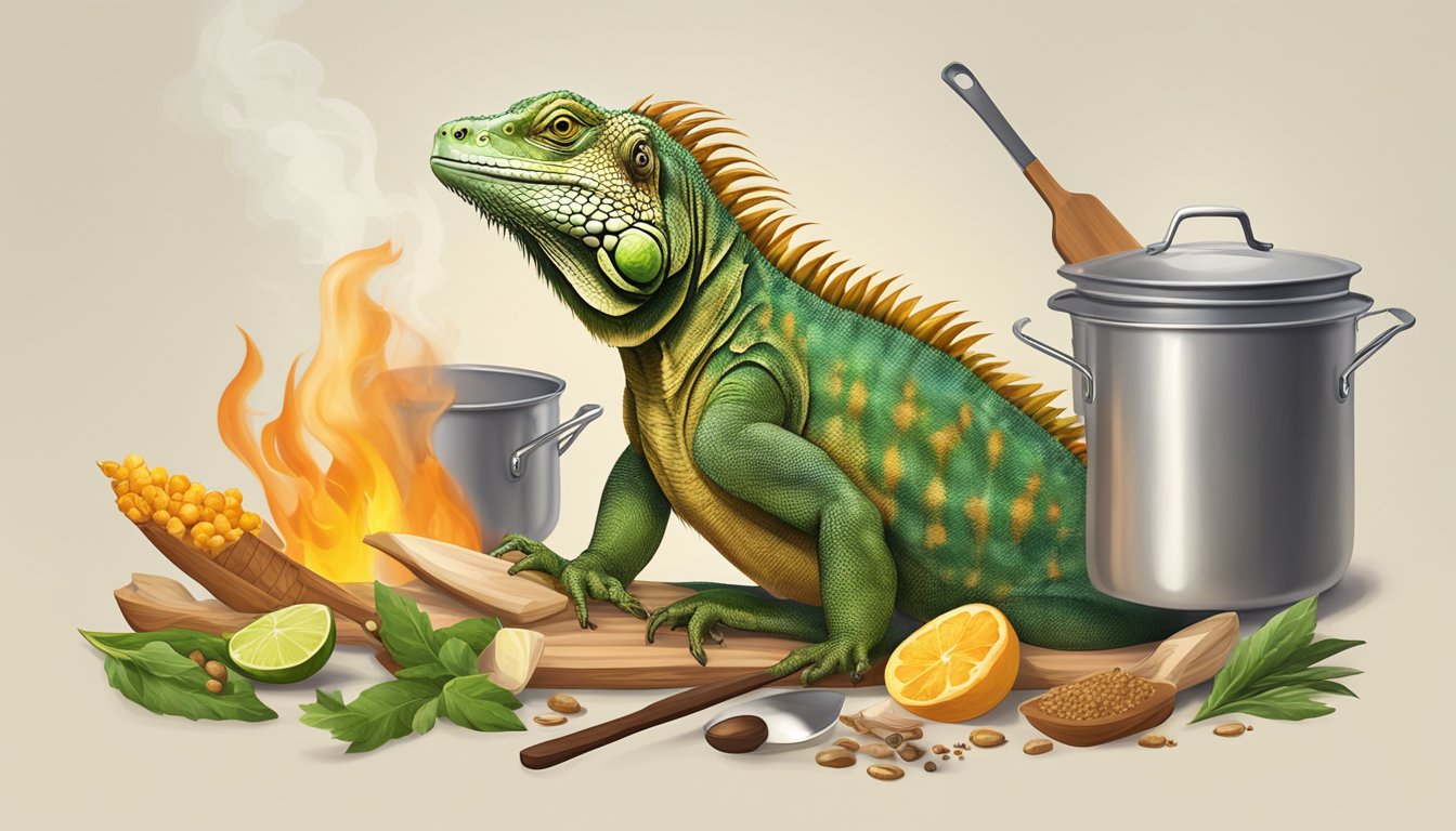 An iguana skewered over a fire, surrounded by various cooking ingredients and utensils