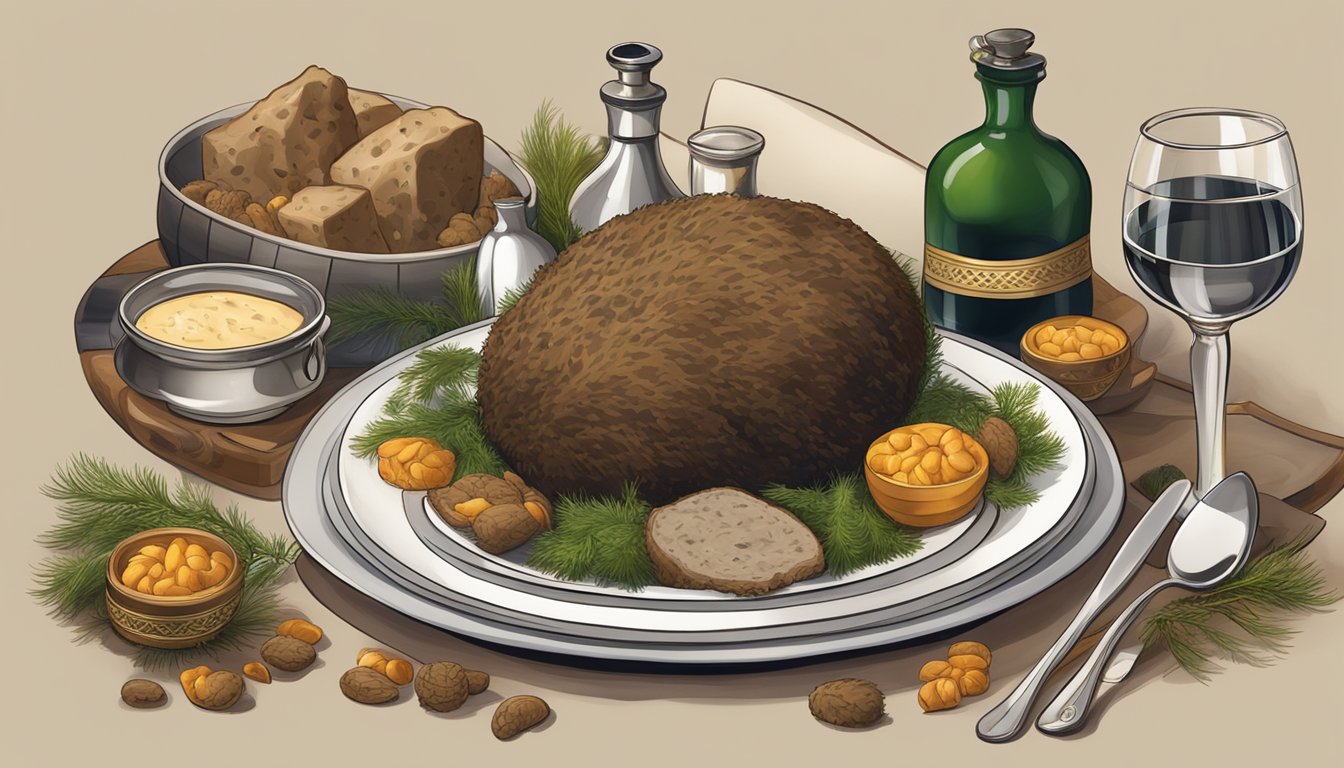 A table set with a platter of haggis, surrounded by traditional Scottish decor and symbols