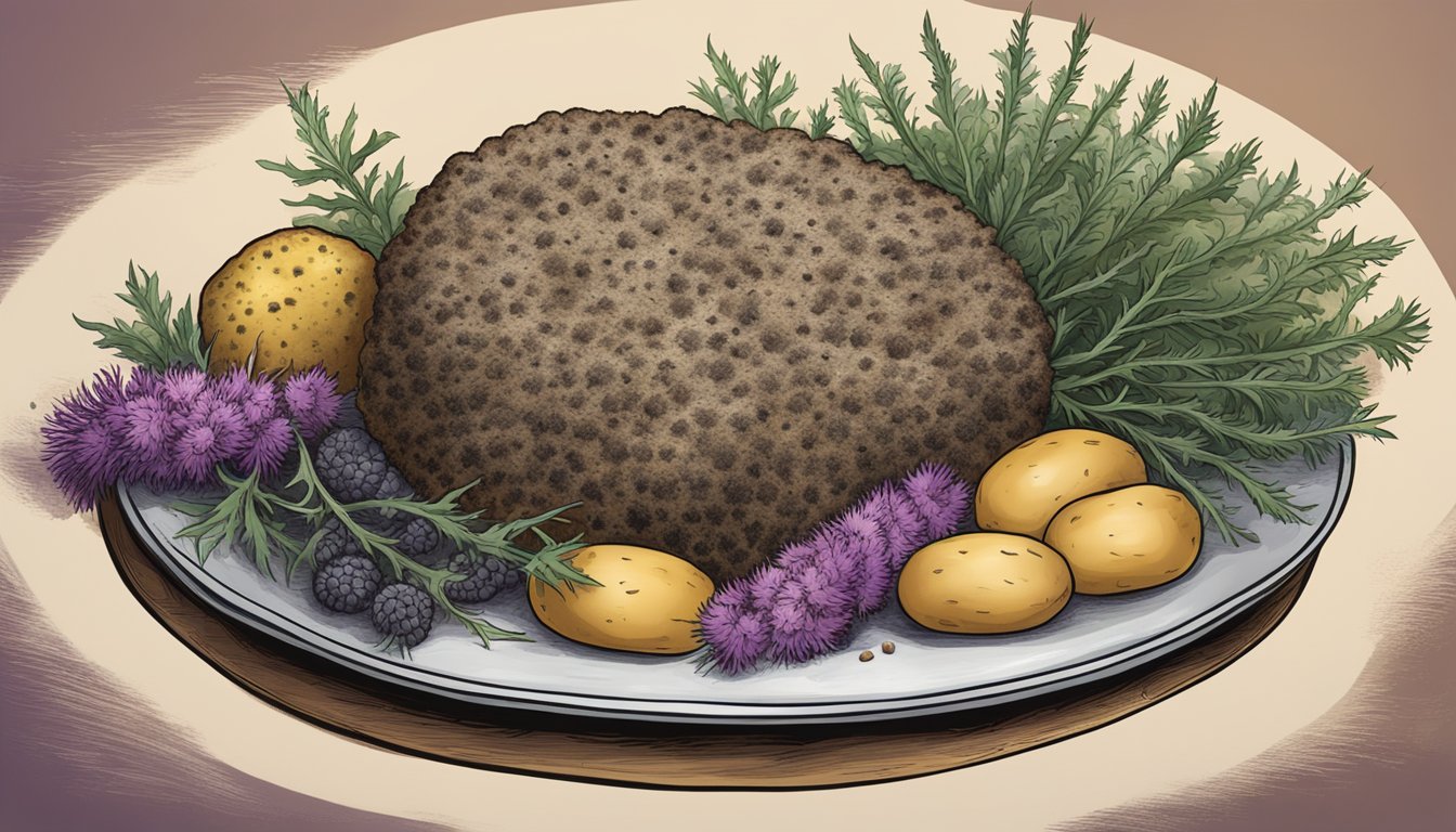 A platter with haggis, neeps, and tatties, surrounded by thistle and heather