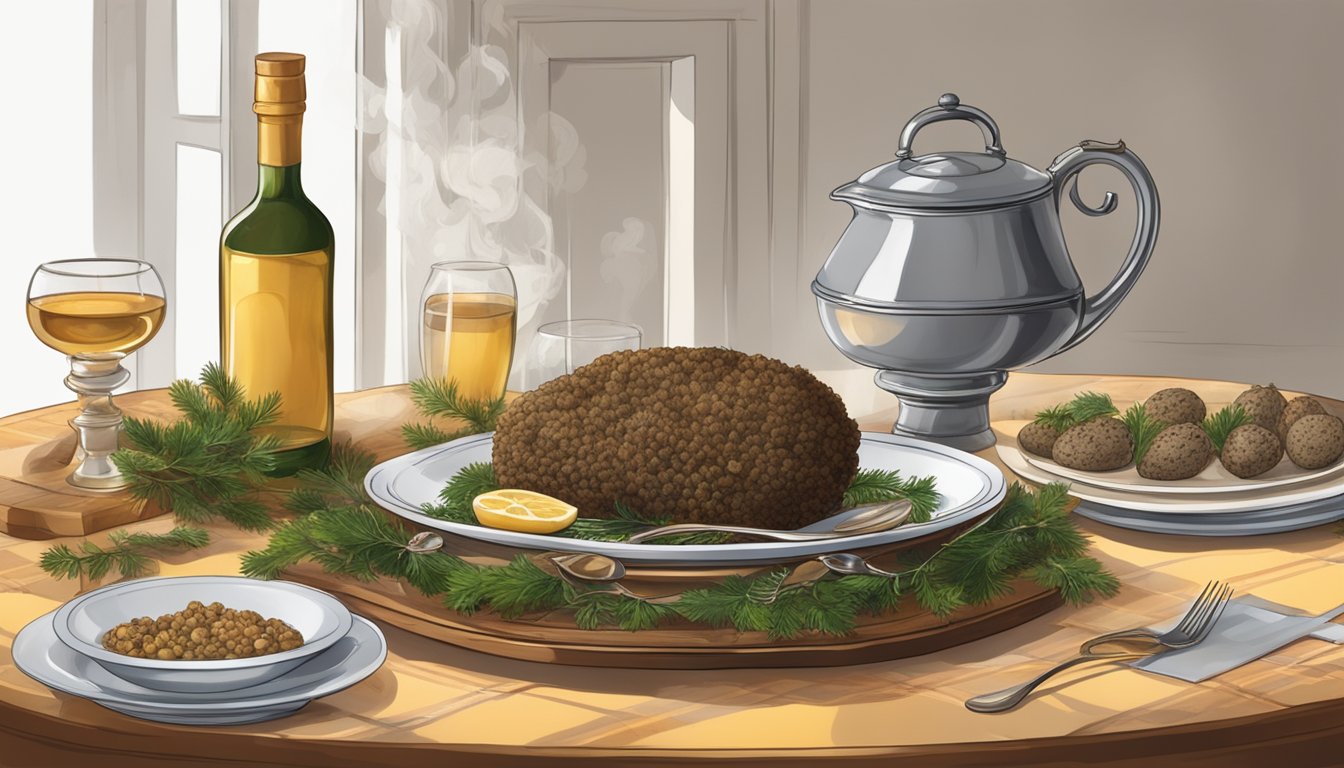 A table set with a steaming plate of haggis surrounded by traditional Scottish decor