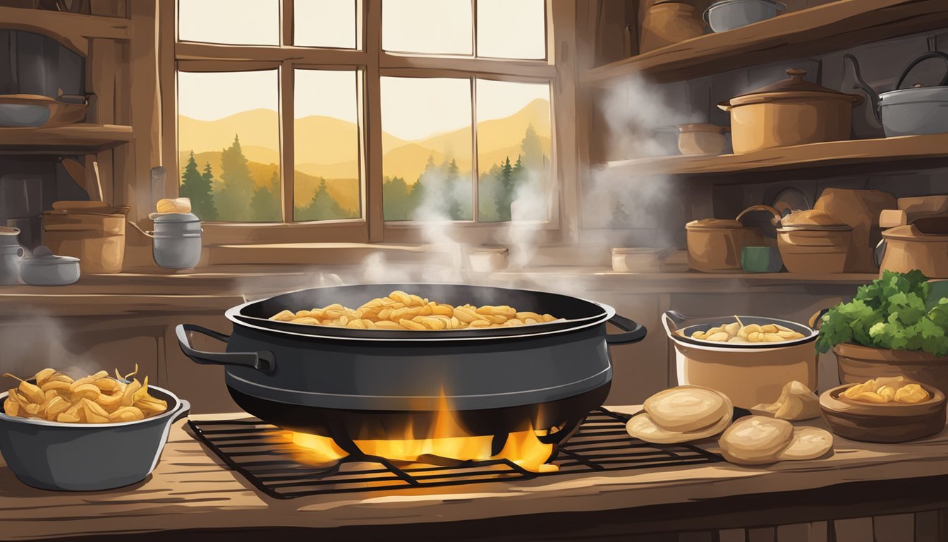 A rustic kitchen with a pot simmering chitterlings over an open fire