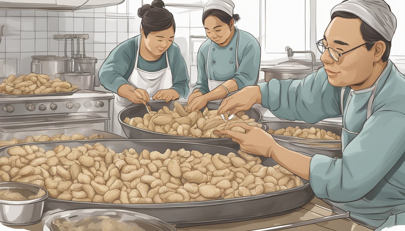 A pair of chitterlings being cleaned and prepared for cooking