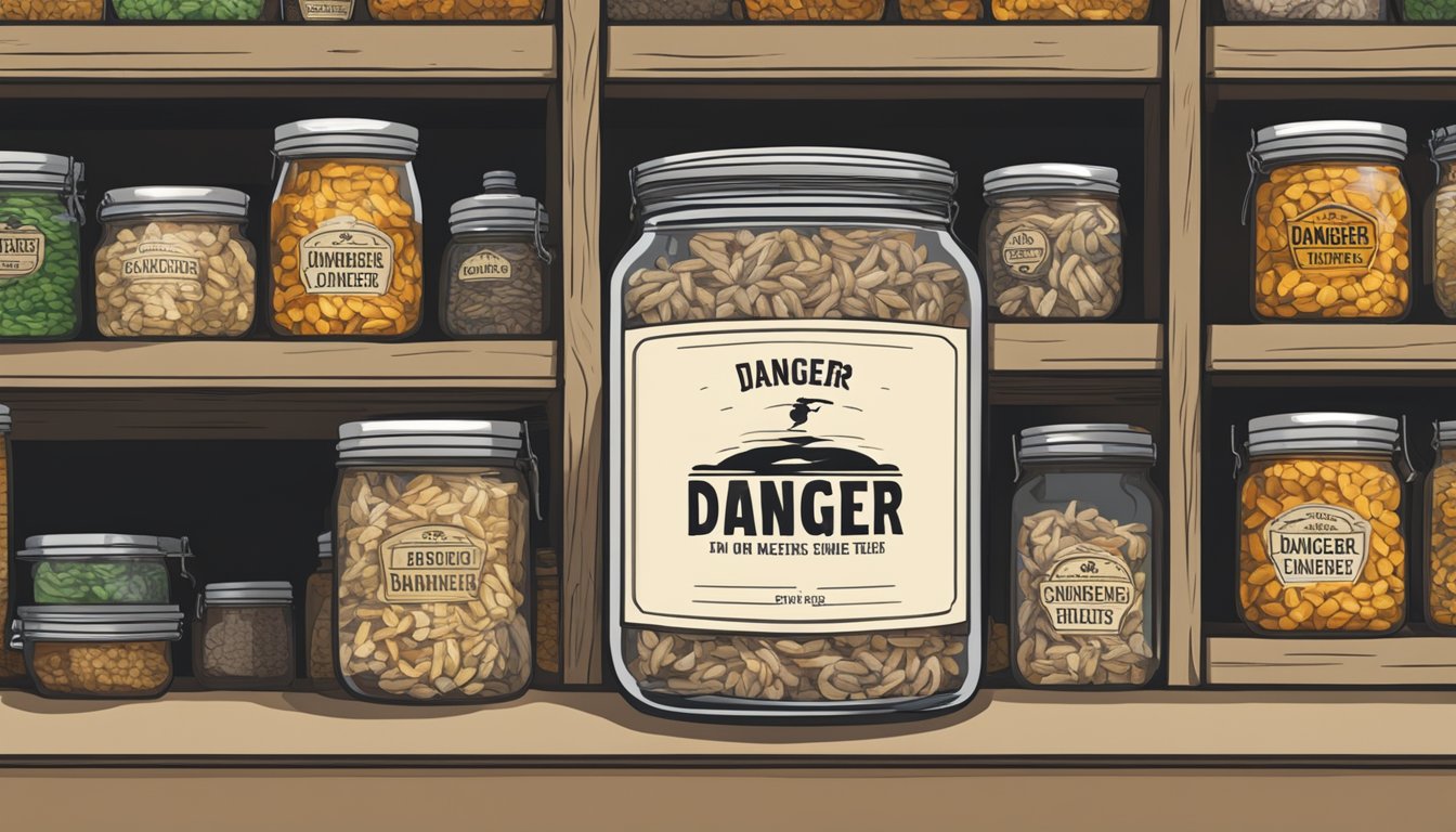 A glass jar of chitterlings sits on a high shelf, labeled "Danger" in bold letters. A lock secures the lid