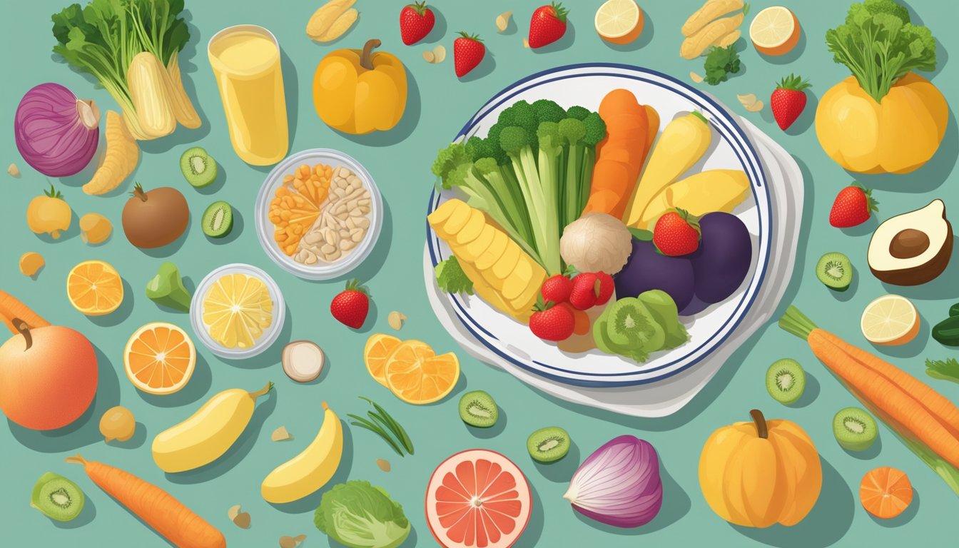 A plate of chitterlings surrounded by colorful fruits and vegetables, with a measuring tape and nutrition guide nearby