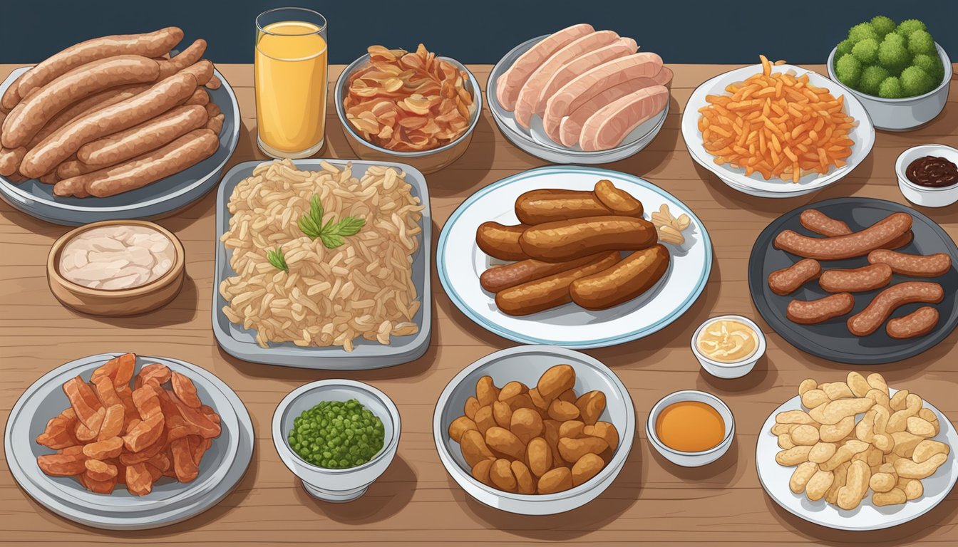 A table with a plate of chitterlings next to various alternative and comparison foods such as sausages, bacon, and ribs