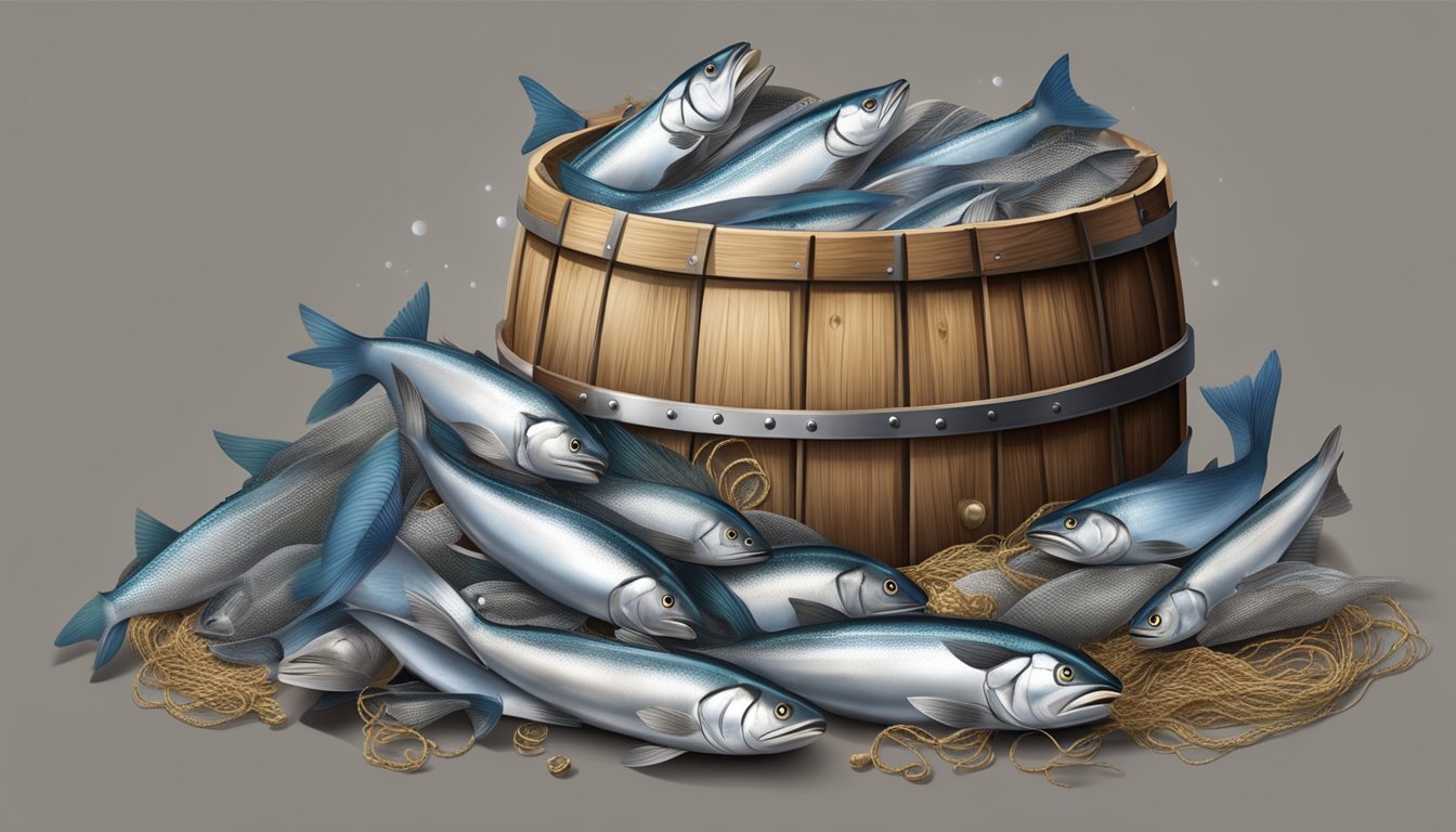 A wooden barrel overflowing with shiny, silver matjes herring, surrounded by traditional fishing nets and nautical decor