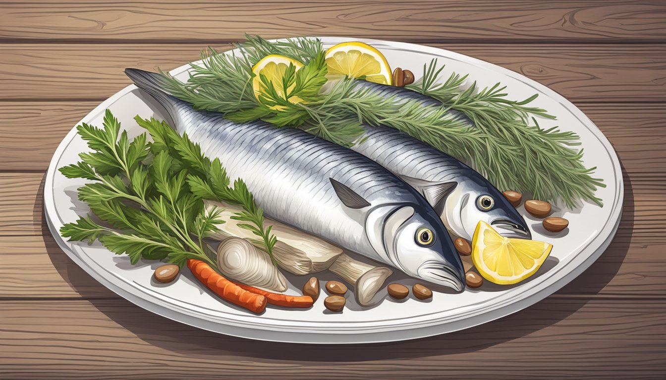 A plate of matjes herring surrounded by various herbs and spices on a wooden table