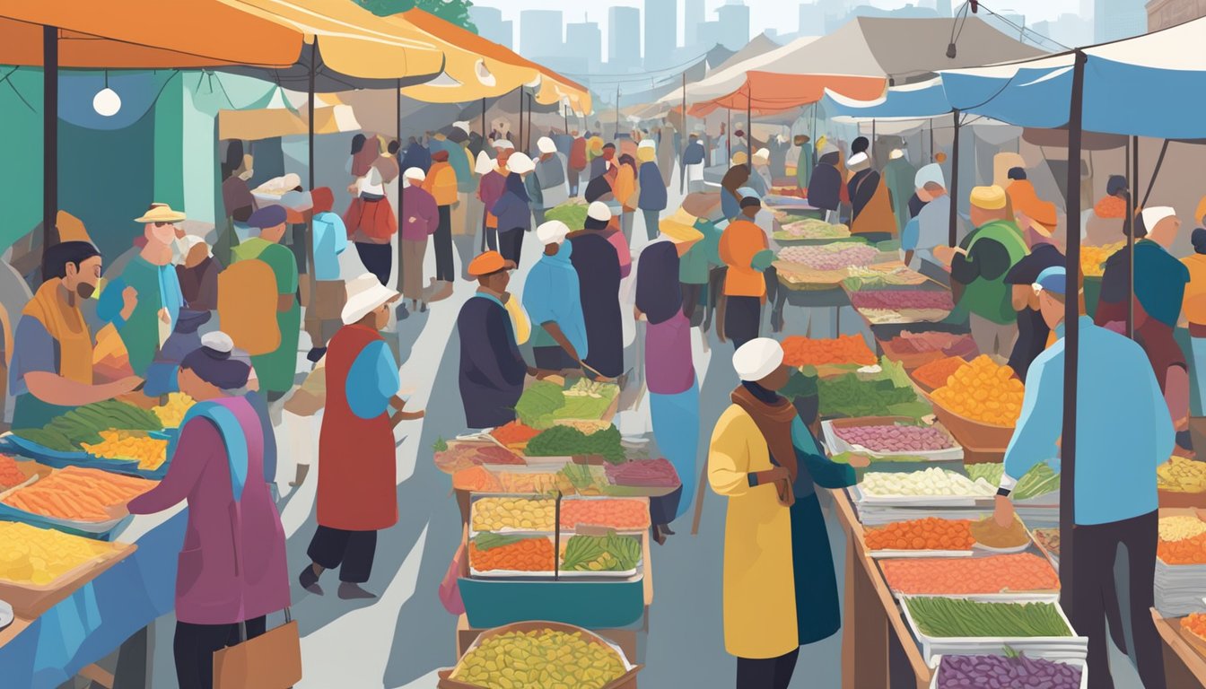 A crowded outdoor market with colorful stalls selling matjes herring. People of various cultures are seen sampling the unique dish