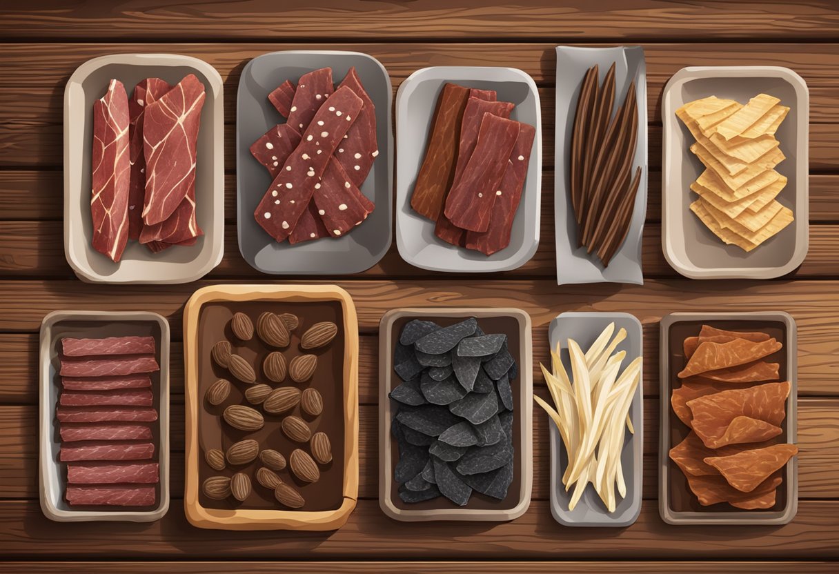 A variety of jerky types displayed on a wooden table with rustic background