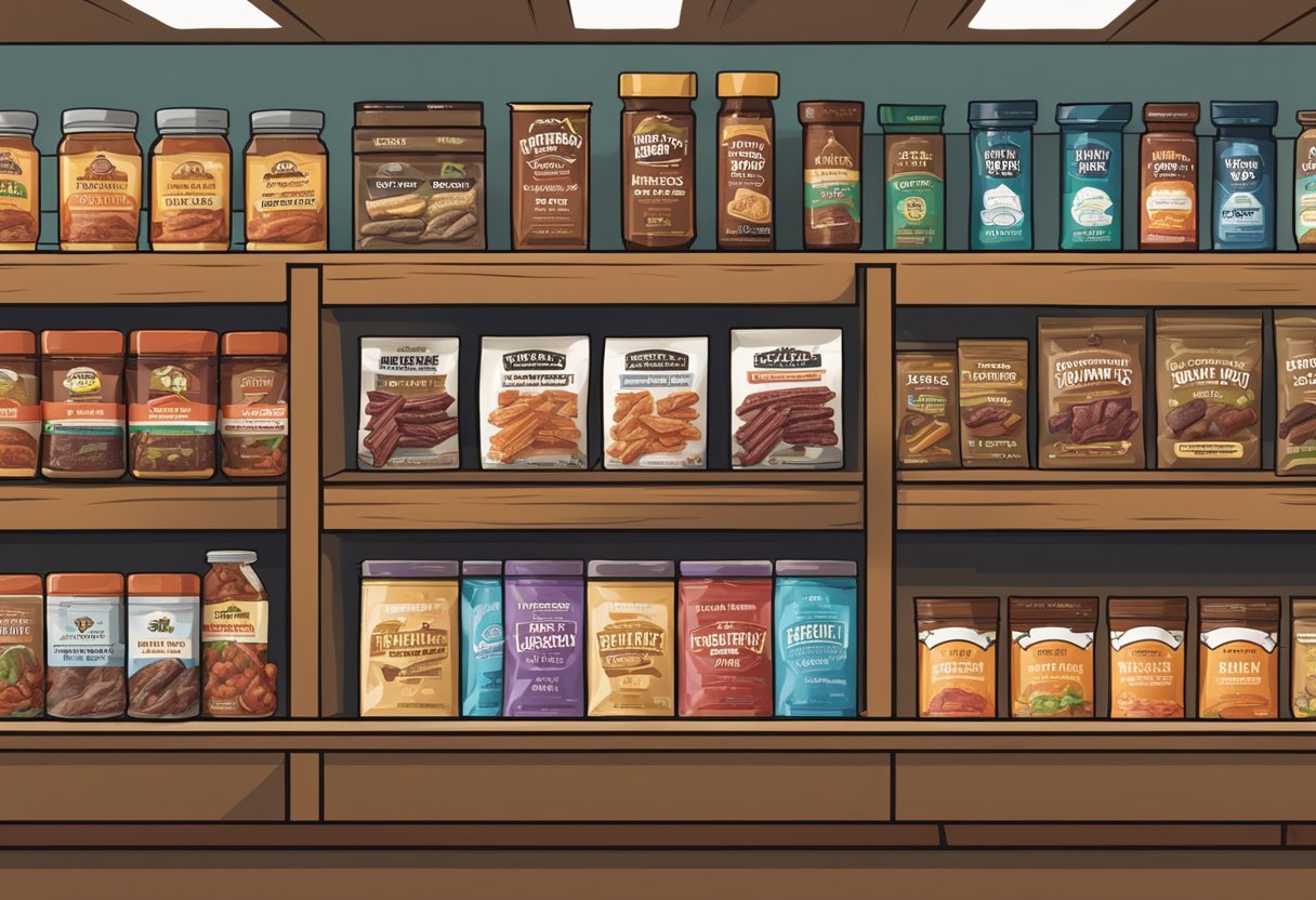 A variety of jerky products displayed on shelves with a sign indicating "Frequently Asked Questions That's Jerky" above them