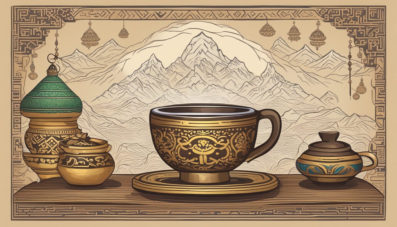 A steaming cup of yak butter tea sits on a wooden table, surrounded by traditional Tibetan decorations and symbols