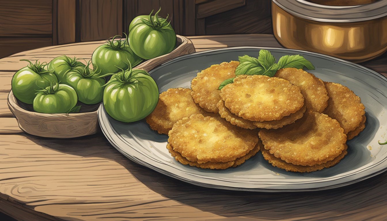 A plate of golden fried green tomatoes, surrounded by a rustic kitchen backdrop, evoking the essence of Southern culinary tradition