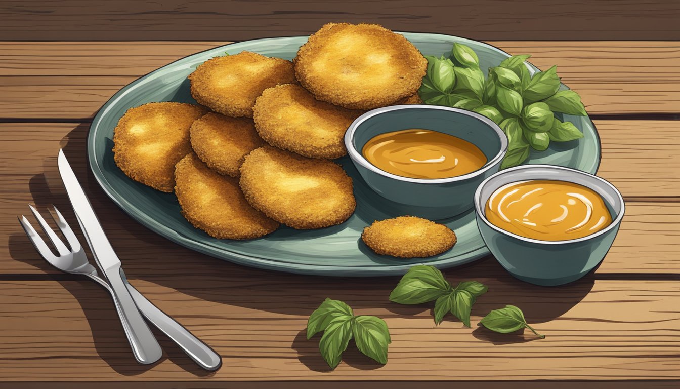 A plate of fried green tomatoes sits on a rustic wooden table, golden and crispy, with a side of dipping sauce